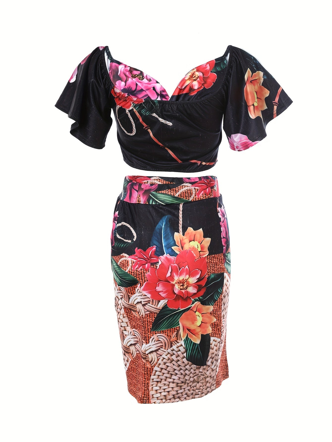 Boho Floral Print Two-piece Set, Vacation Off Shoulder Twist Crop Top & Split High Waist Skirt Outfits, Women's Clothing