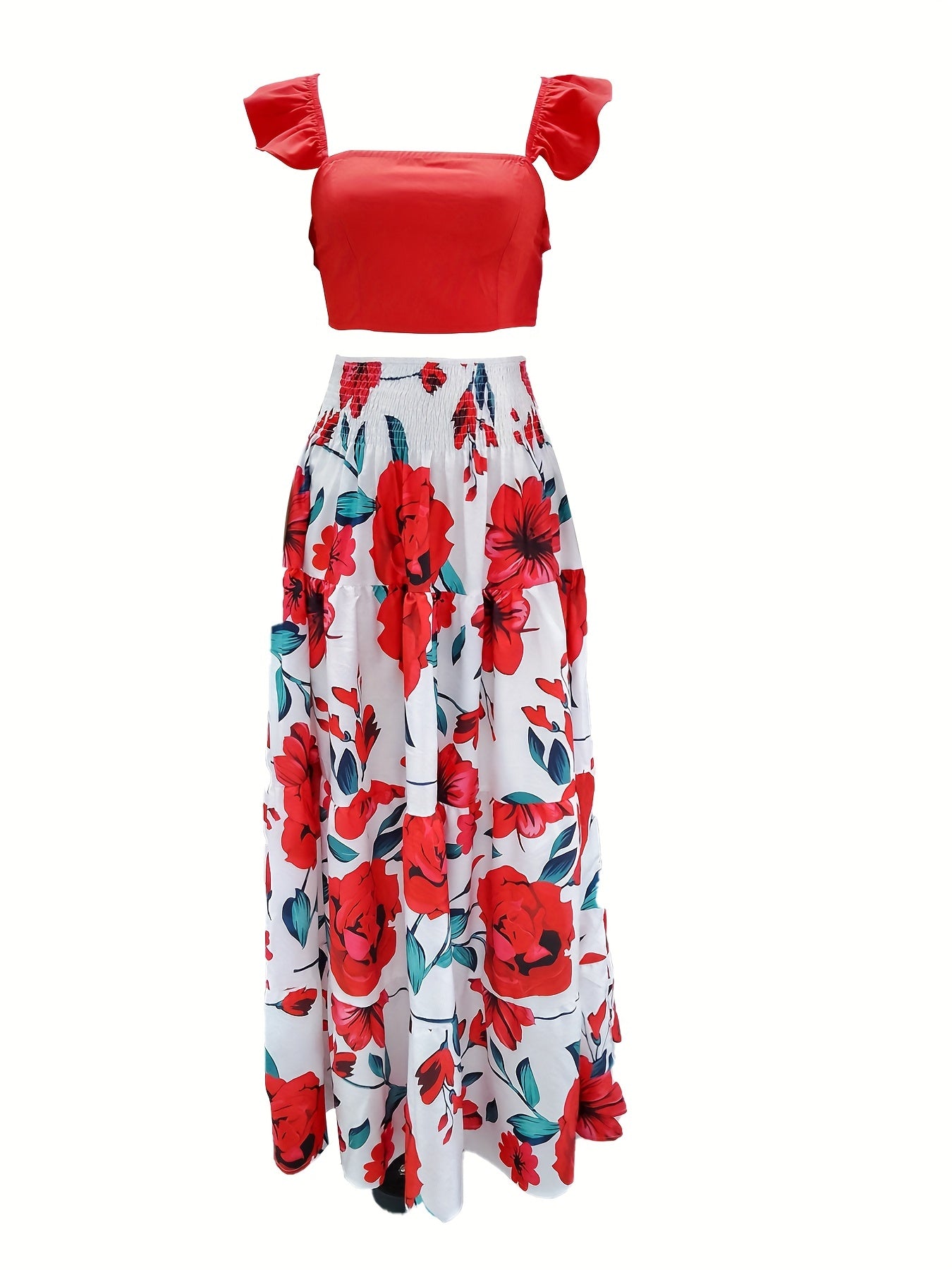 Vintage Floral Print Two-piece Set, Flutter Sleeve Blouse & Shirred Waist Maxi Skirts Outfits, Women's Clothing