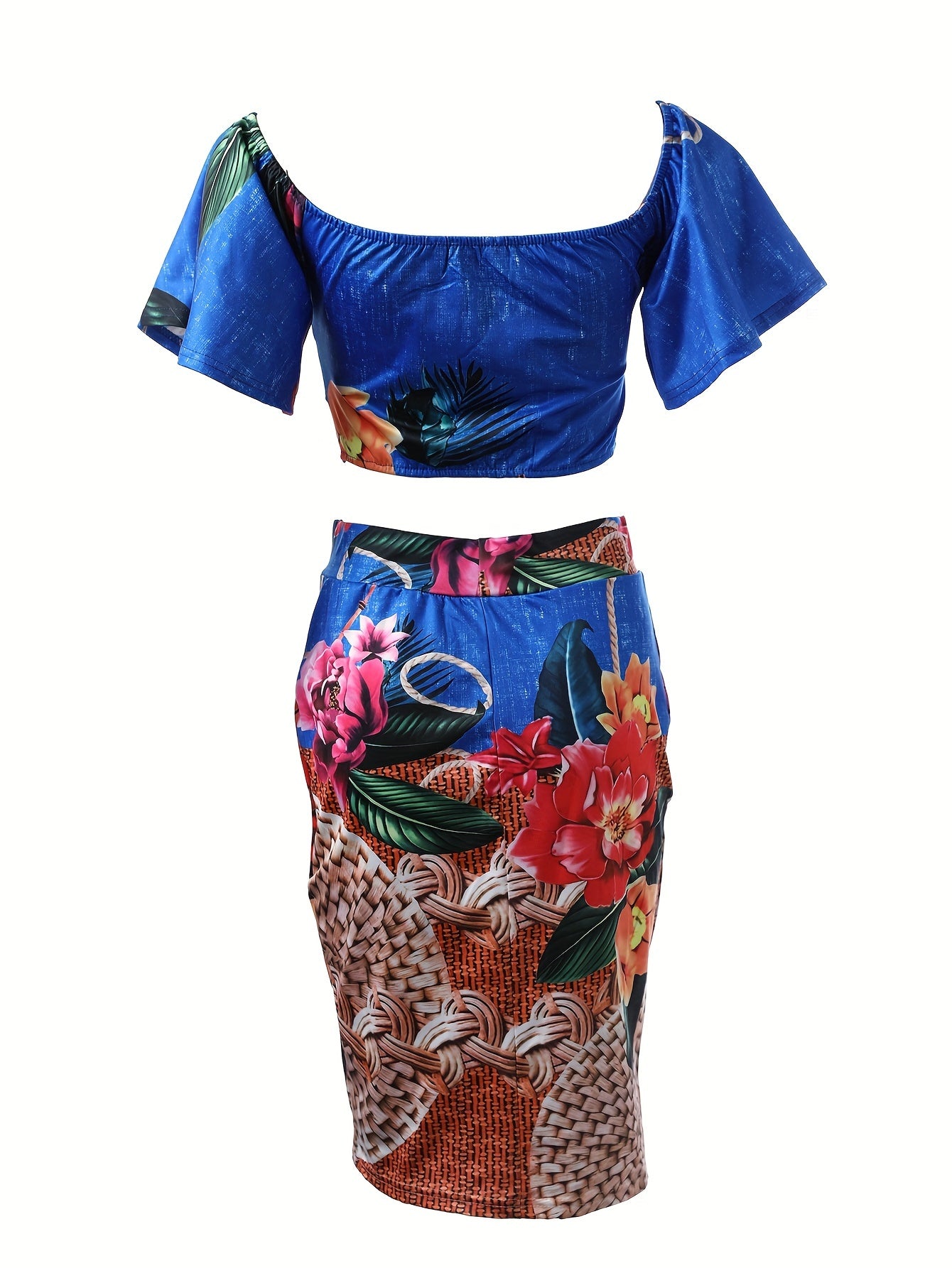 Boho Floral Print Two-piece Set, Vacation Off Shoulder Twist Crop Top & Split High Waist Skirt Outfits, Women's Clothing