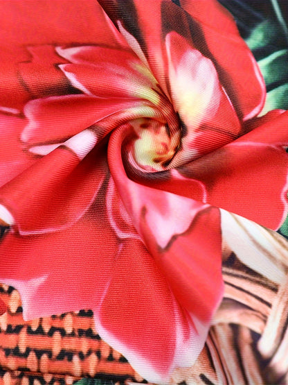 Boho Floral Print Two-piece Set, Vacation Off Shoulder Twist Crop Top & Split High Waist Skirt Outfits, Women's Clothing