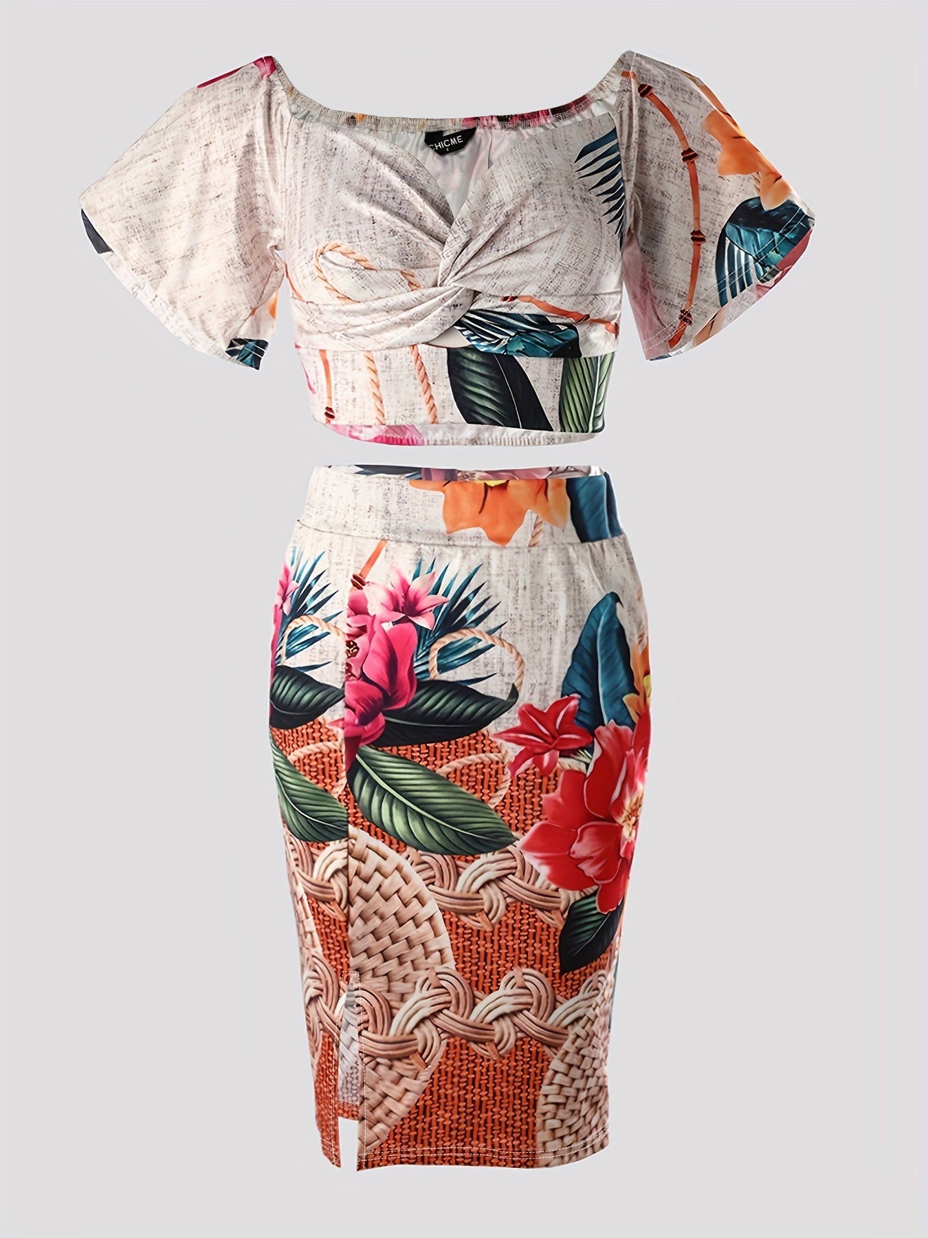 Boho Floral Print Two-piece Set, Vacation Off Shoulder Twist Crop Top & Split High Waist Skirt Outfits, Women's Clothing