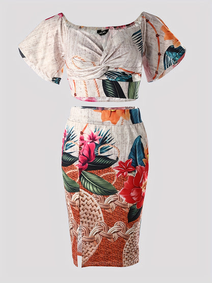 Boho Floral Print Two-piece Set, Vacation Off Shoulder Twist Crop Top & Split High Waist Skirt Outfits, Women's Clothing
