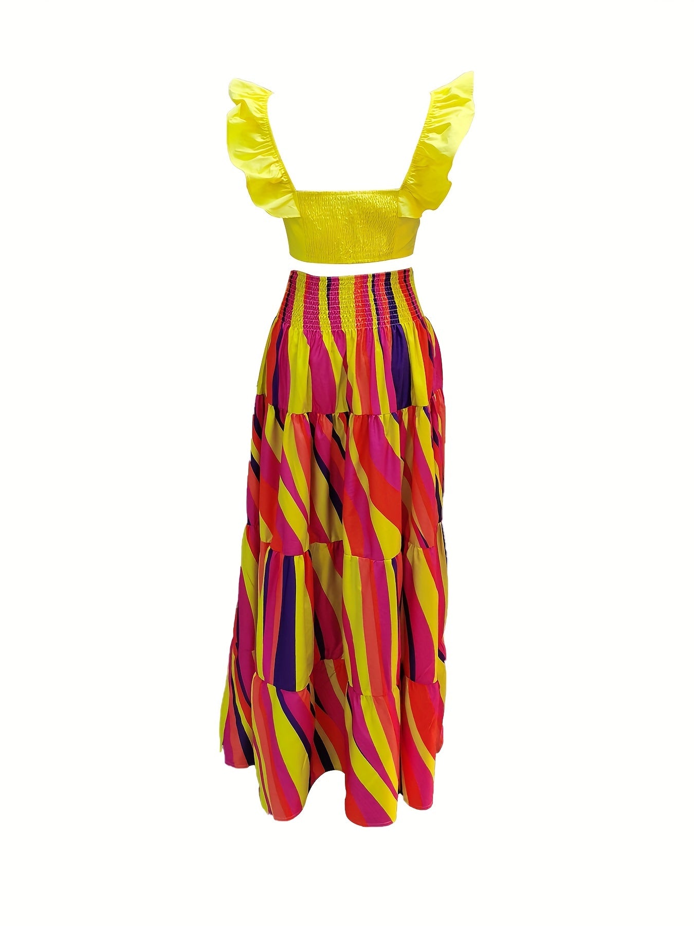 Vintage Floral Print Two-piece Set, Flutter Sleeve Blouse & Shirred Waist Maxi Skirts Outfits, Women's Clothing