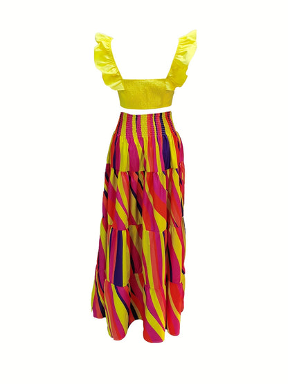 Vintage Floral Print Two-piece Set, Flutter Sleeve Blouse & Shirred Waist Maxi Skirts Outfits, Women's Clothing