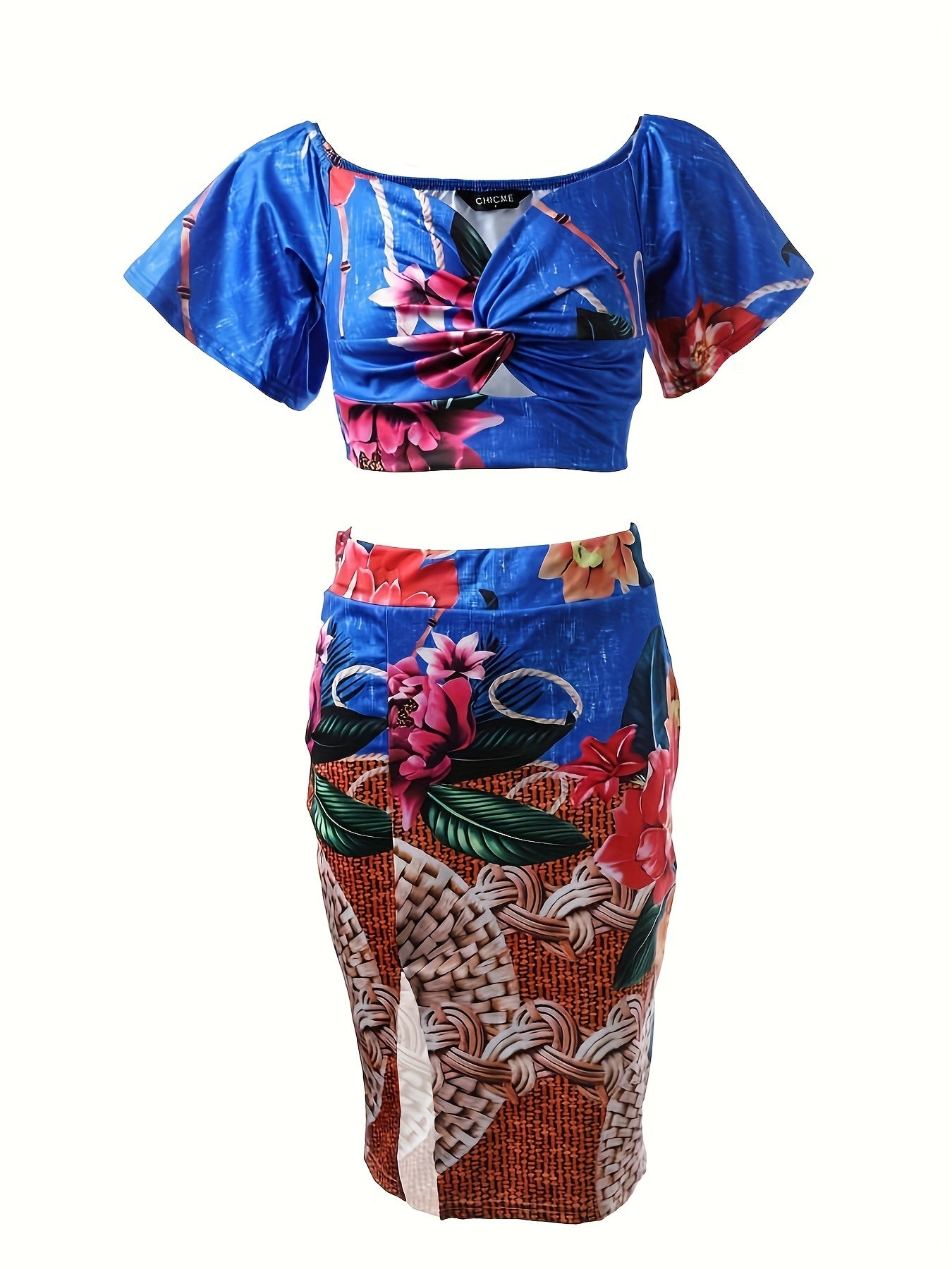 Boho Floral Print Two-piece Set, Vacation Off Shoulder Twist Crop Top & Split High Waist Skirt Outfits, Women's Clothing