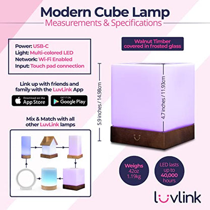 LuvLink Cube Friendship Lamp v2 Extended WiFi Range - Bluetooth Setup - Wood & Glass Design (Set of Two, Walnut)