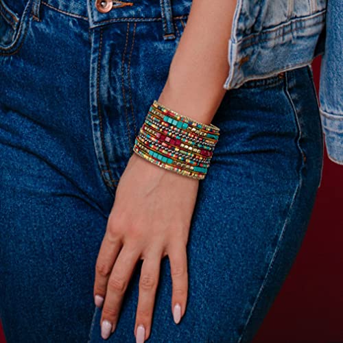 SPUNKYsoul Bohemian Multi-Colored Beaded Cuff Bracelets for Women Collection (Teal/Red/Cube)