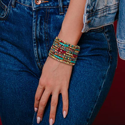 SPUNKYsoul Bohemian Multi-Colored Beaded Cuff Bracelets for Women Collection (Teal/Red/Cube)