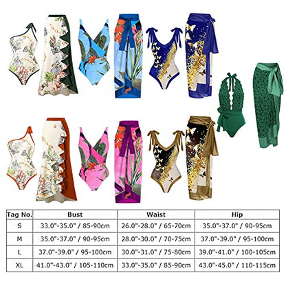 OBEEII Women Two Piece Swimsuit Tummy Control Monokini with Beach Cover up Wrap Skirt Floral Print Tummy Control Tankini Set 3010 M