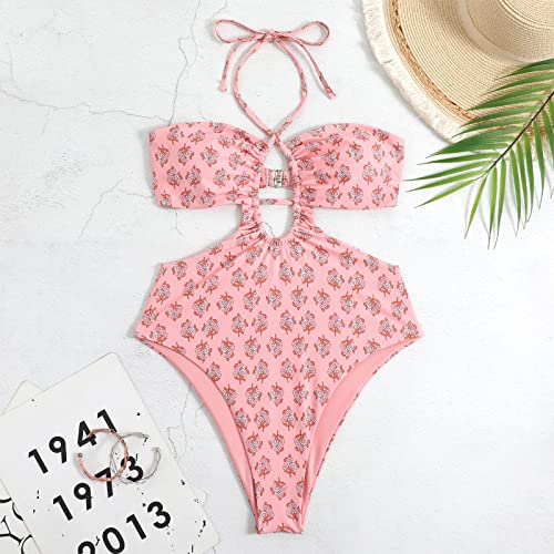 Two Pieces Swimsuits for Women Sheer Cover Ups Cheeky Push Up Bathing Suits with Wrap Skirt Halter Flattering High Cut Bikini Set Floral Sexy Plunge Summer Brazilian Swimwear Pink Halter M