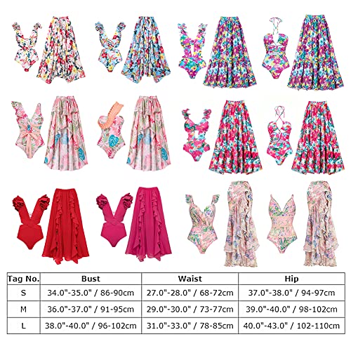 IDOPIP Women's One Piece Swimsuit with Cover up Beach Skirt Retro Floral Printed Swimsuit Bathing Suit Ruffle V-Neck Monokini Swimwear Sarong Coverups Two Piece Bikini Set Beachwear Pink - Straps M