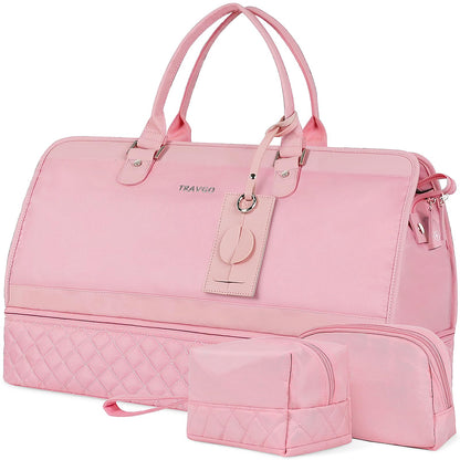 Travgo Weekender Bags for Women Travel, 60L Travel Duffle Bag with Shoe Compartment & Wet Pocket,Carry on Tote Bags with USB Charging Port for Airplanes, Hospital, Sports, Gift (Pink)
