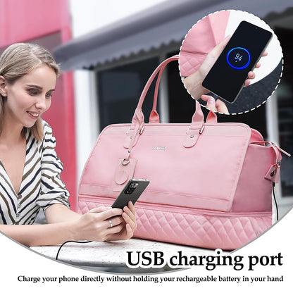 Travgo Weekender Bags for Women Travel, 60L Travel Duffle Bag with Shoe Compartment & Wet Pocket,Carry on Tote Bags with USB Charging Port for Airplanes, Hospital, Sports, Gift (Pink)