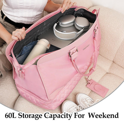 Travgo Weekender Bags for Women Travel, 60L Travel Duffle Bag with Shoe Compartment & Wet Pocket,Carry on Tote Bags with USB Charging Port for Airplanes, Hospital, Sports, Gift (Pink)