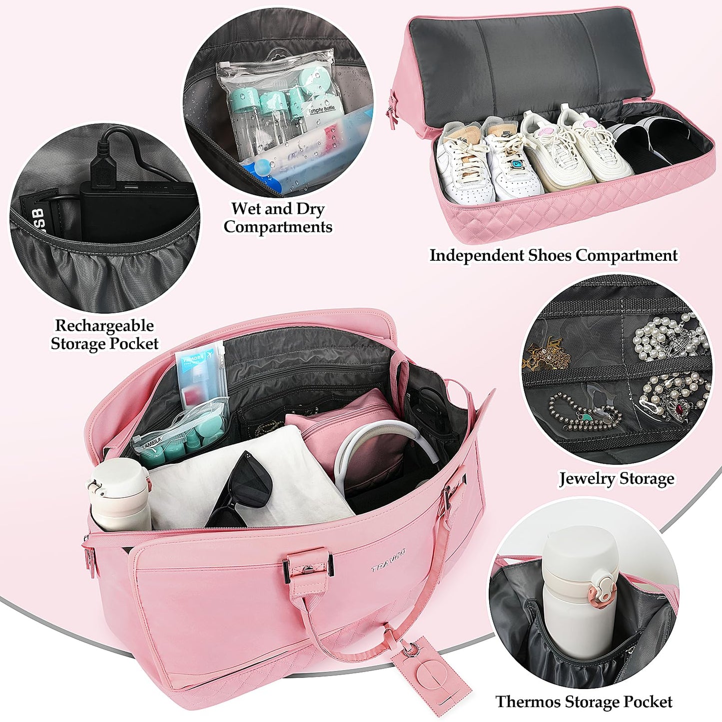 Travgo Weekender Bags for Women Travel, 60L Travel Duffle Bag with Shoe Compartment & Wet Pocket,Carry on Tote Bags with USB Charging Port for Airplanes, Hospital, Sports, Gift (Pink)