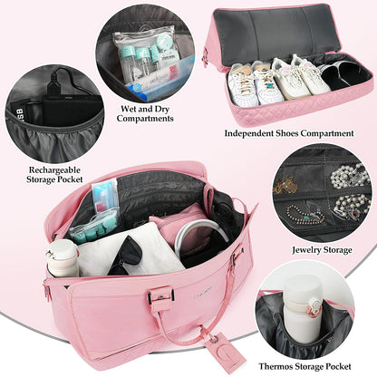 Travgo Weekender Bags for Women Travel, 60L Travel Duffle Bag with Shoe Compartment & Wet Pocket,Carry on Tote Bags with USB Charging Port for Airplanes, Hospital, Sports, Gift (Pink)